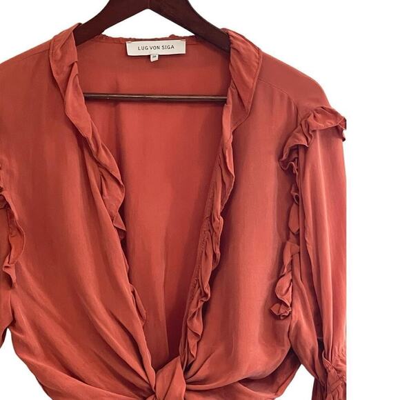 LUG VON SIGA Women’s Bianca Tie Top Ruffled Blouse Size 38 Rust/Coral Color - Picture 3 of 7